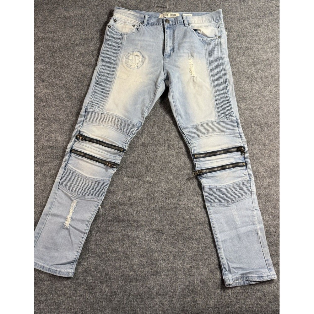 Dstrkt Denim Men’s 34x32 Jeans Distressed Skinny Moto Biker Panel Light Grunge